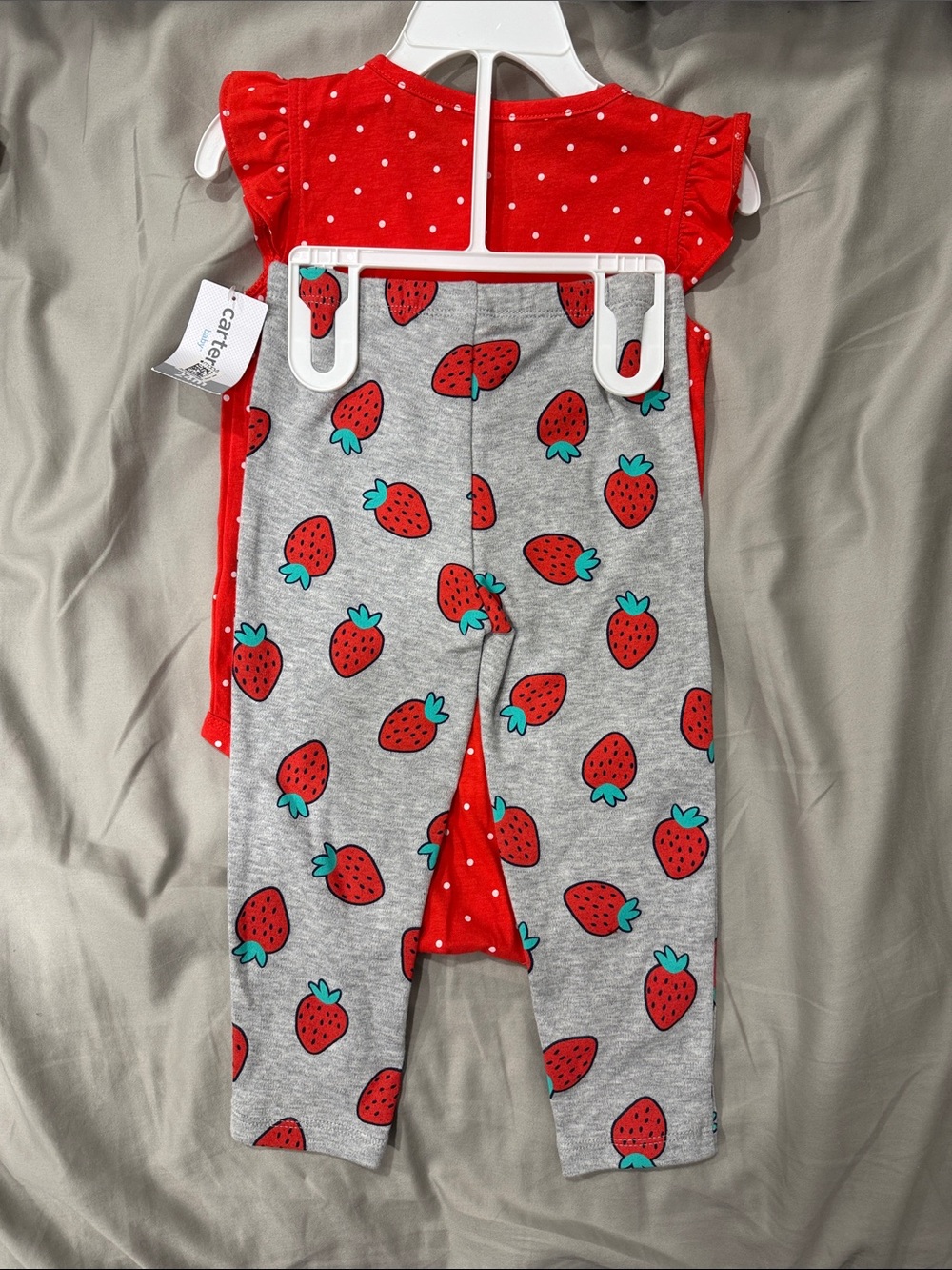 NWT - Carter's Red Polka Dot Flutter-Sleeve Bodysuit with Strawberry Leggings - Picture 4 of 7